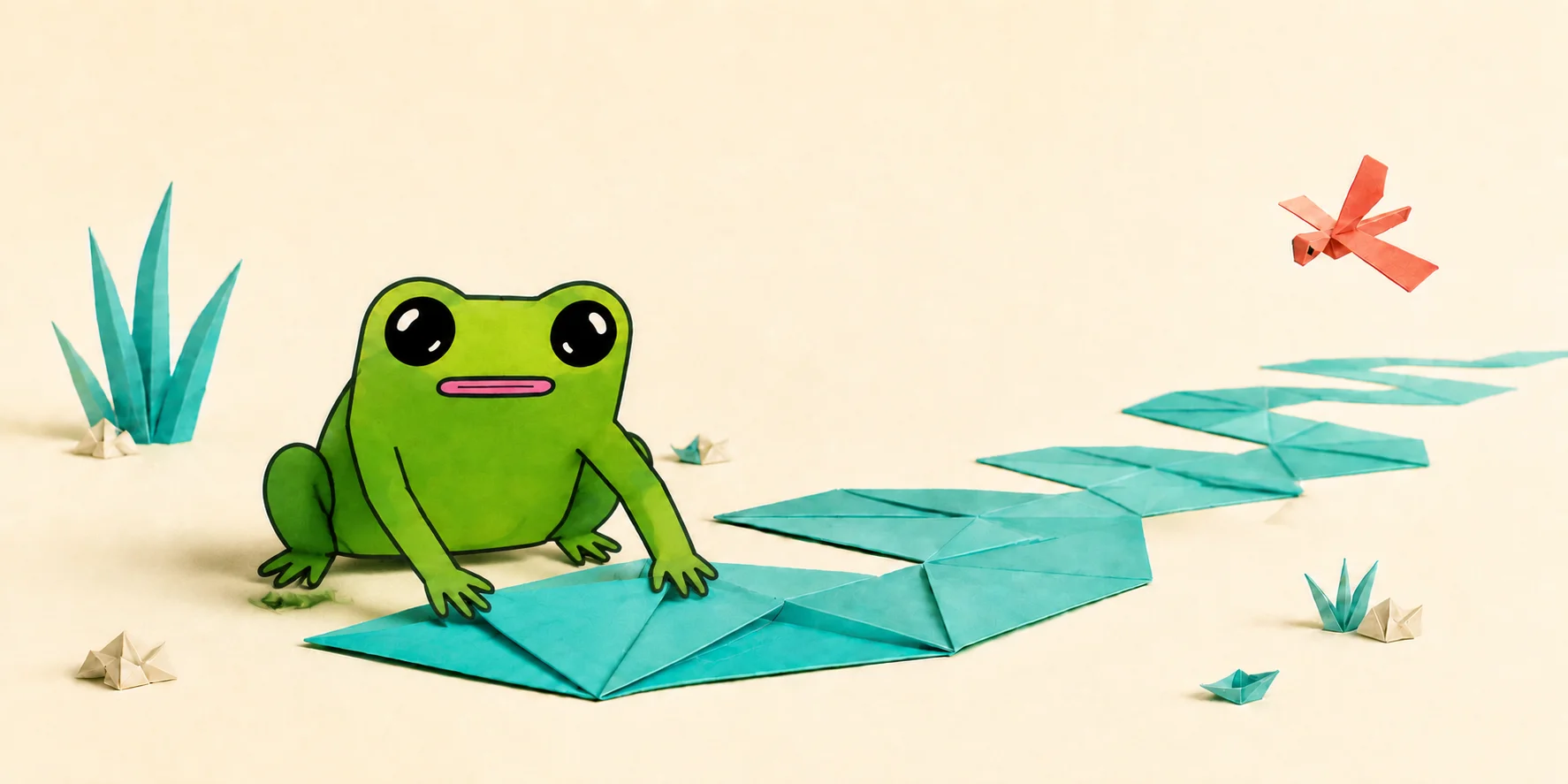 panorama of the fwogami paper world: fwog pressing a new crease into a winding teal paper pond that zigzags toward the horizon, coral dragonfly overhead