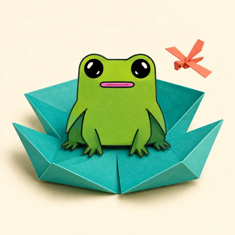 the official fwogami art: a cut-paper fwog with big glossy eyes sitting on a folded teal paper pond, a coral origami dragonfly hovering nearby
